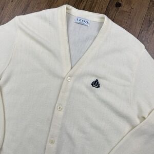 Vtg Izod Cardigan Sweater Mens XL Cream Orlon Acrylic Button Front V Neck USA